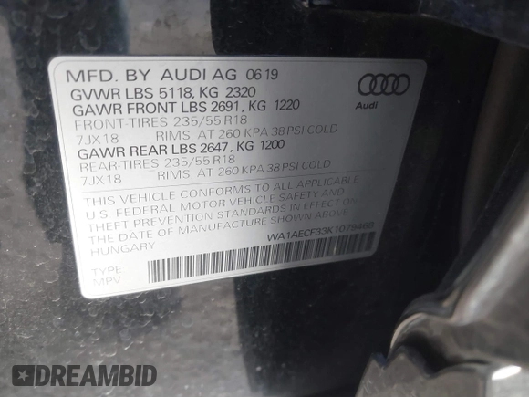 2019 Audi Q3 Premium with VIN WA1AECF33K1079468, listed as a IAAI auction lot 41340687 with 53,134 mi miles and . Bid and sale history available at DreamBid. Image 9.