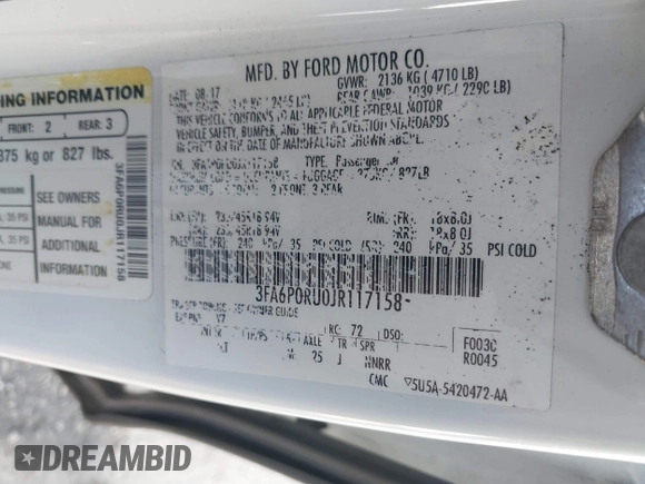 2018 Ford Fusion Titanium with VIN 3FA6P0RU0JR117158, listed as a IAAI auction lot 41435172 with 98,390 mi miles and . Bid and sale history available at DreamBid. Image 9.