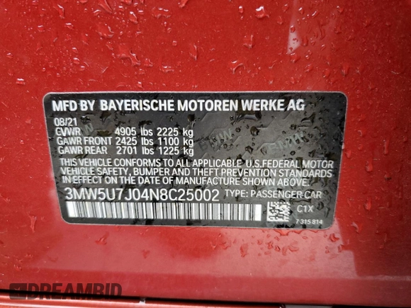 2022 BMW 3 Series M340i with VIN 3MW5U7J04N8C25002, listed as a Copart auction lot 86697464 with 0 mi miles and Salvage Title. Bid and sale history available at carsss.com. Image 12.