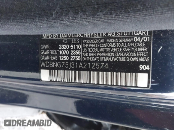 2001 Mercedes-Benz S-Class with VIN WDBNG75J31A212574, listed as a IAAI auction lot 41678906 with 109,716 mi miles. Bid and sale history available at carsss.com. Image 9.