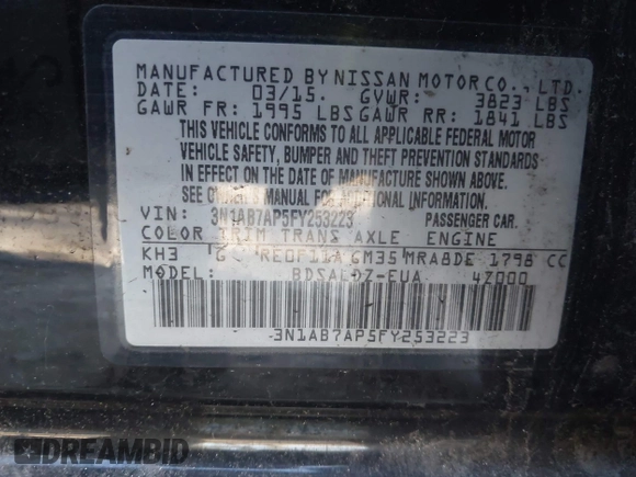 2015 Nissan Sentra S with VIN 3N1AB7AP5FY253223, listed as a IAAI auction lot 41767716 with 140,832 mi miles and . Bid and sale history available at DreamBid. Image 9.
