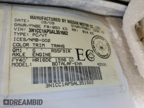 2010 Nissan Versa 1.6 with VIN 3N1CC1AP5AL351662, listed as a Copart auction lot 51673005 with Not provided miles and Salvage title. Bid and sale history available at DreamBid. Image 13.