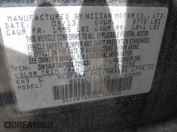 2013 Nissan Sentra SR with VIN 3N1AB7AP0DL725435, listed as a IAAI auction lot 42195992 with 129,594 mi miles and . Bid and sale history available at DreamBid. Image 9.