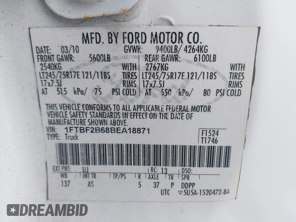 2011 Ford F-250 XL with VIN 1FTBF2B68BEA18871, listed as a IAAI auction lot 41746286 with 80,816 mi miles and . Bid and sale history available at DreamBid. Image 9.