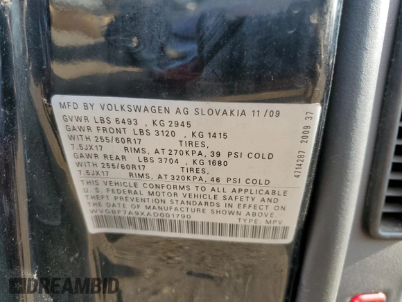 2010 Volkswagen Touareg VR6 with VIN WVGBF7A9XAD001790, listed as a Copart auction lot 70806534 with 90,103 mi miles and Salvage Title. Bid and sale history available at DreamBid. Image 12.