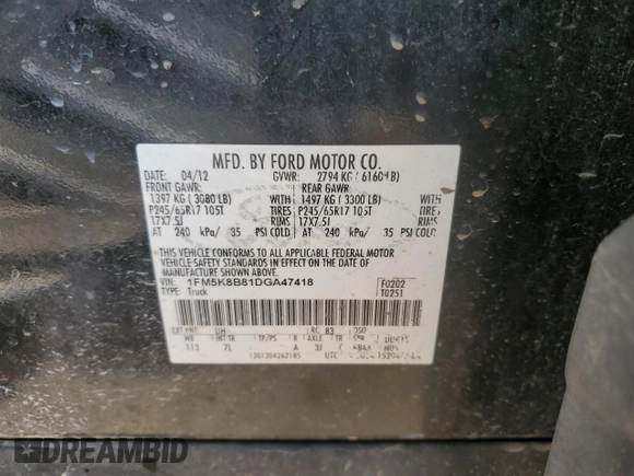 2013 Ford Explorer with VIN 1FM5K8B81DGA47418, listed as a Copart auction lot 54235895 with 136,585 mi miles and Salvage title. Bid and sale history available at DreamBid. Image 13.