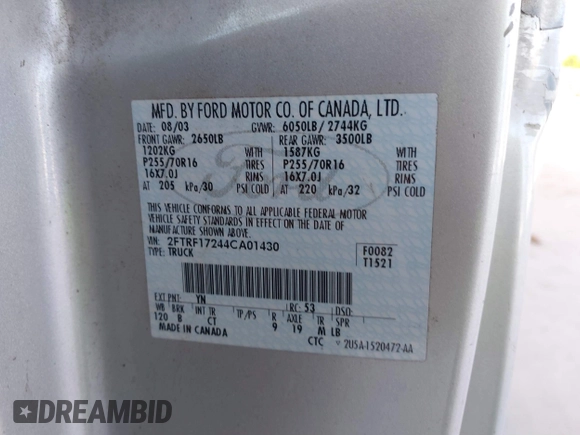2004 Ford F-150 XL с VIN 2FTRF17244CA01430, выставлен на аукционе IAAI как лот 37764977 с пробегом Не указан миль и . История ставок и продаж доступна на DreamBid. Изображение 9.