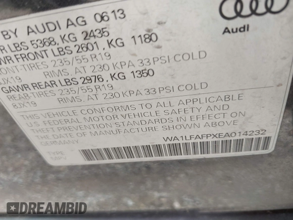 2014 Audi Q5 Premium Plus with VIN WA1LFAFPXEA014232, listed as a IAAI auction lot 42786426 with 145,259 mi miles and . Bid and sale history available at DreamBid. Image 9.