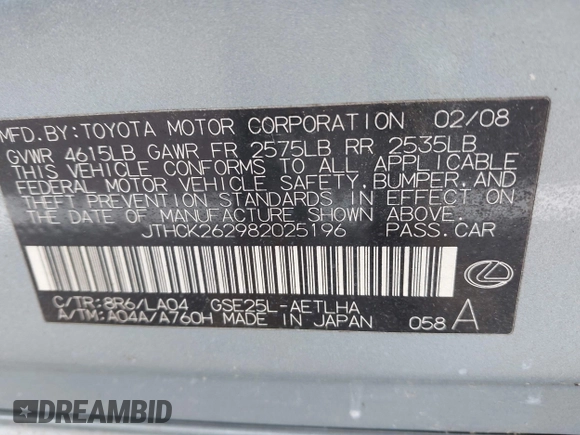 2008 Lexus IS 250 with VIN JTHCK262982025196, listed as a IAAI auction lot 42248522 with 228,036 mi miles and . Bid and sale history available at DreamBid. Image 9.