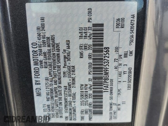 2015 Ford Mustang V6 with VIN 1FATP8EM9F5372568, listed as a Copart auction lot 57635655 with 85,856 mi miles and Salvage title. Bid and sale history available at DreamBid. Image 13.