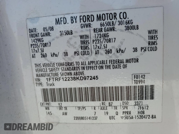 2008 Ford F-150 XL z VIN 1FTRF12238KD97245, wystawiony jako Copart lot #60232595 z przebiegiem 132 967 mil mil oraz Szkoda całkowita • Salvage title. Historia ofert i sprzedaży dostępna na DreamBid. Obrazek 12.