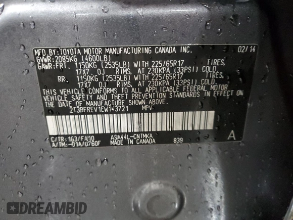 2014 Toyota RAV4 XLE with VIN 2T3RFREV1EW143721, listed as a Copart auction lot 49732805 with 94,676 mi miles and Salvage Title. Bid and sale history available at DreamBid. Image 15.