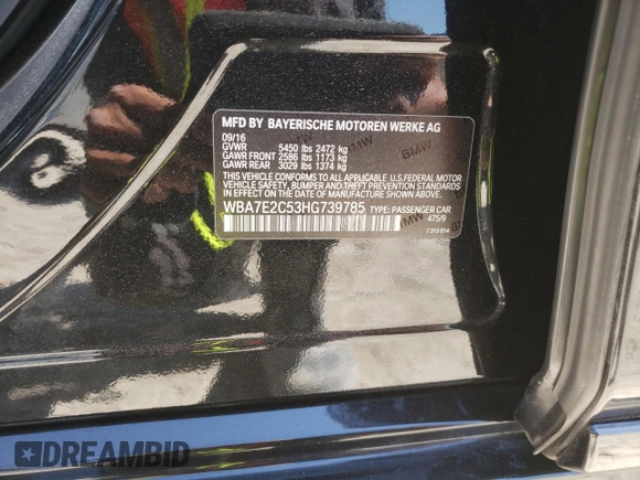 2017 BMW 7 Series 740i with VIN WBA7E2C53HG739785, listed as a Copart auction lot 62571063 with 0 mi miles. Bid and sale history available at carsss.com. Image 14.