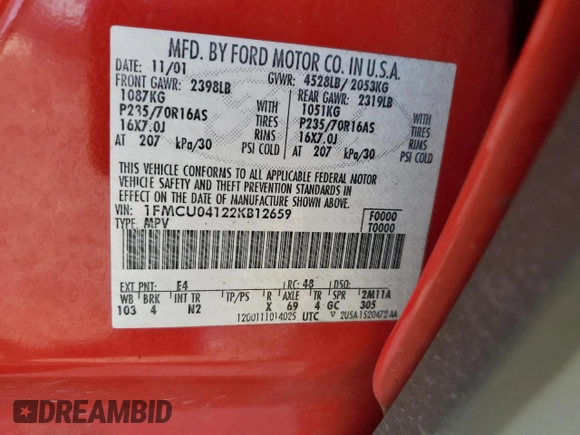 2002 Ford Escape XLT Choice with VIN 1FMCU04122KB12659, listed as a Copart auction lot 63816155 with 256,536 mi miles and Salvage title. Bid and sale history available at DreamBid. Image 13.