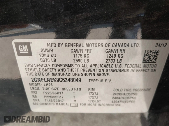2012 Chevrolet Equinox LT w/2LT with VIN 2GNFLNEK9C6348049, listed as a IAAI auction lot 41794688 with 92,455 mi miles. Bid and sale history available at carsss.com. Image 9.