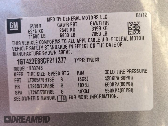 2012 GMC Sierra 3500HD SLT z VIN 1GT423E88CF211377, wystawiony jako Copart lot #50459685 z przebiegiem 185 197 mil mil oraz Szkoda całkowita • Salvage title. Historia ofert i sprzedaży dostępna na DreamBid. Obrazek 12.