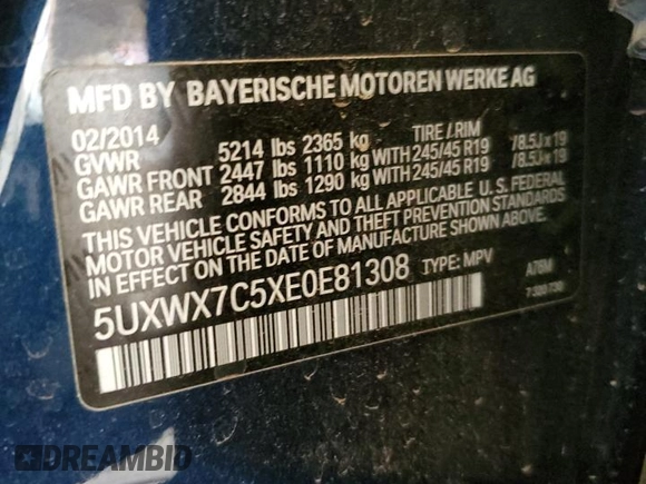 2014 BMW X3 xDrive35i with VIN 5UXWX7C5XE0E81308, listed as a Copart auction lot 52182575 with 110,137 mi miles and Salvage Title. Bid and sale history available at DreamBid. Image 12.