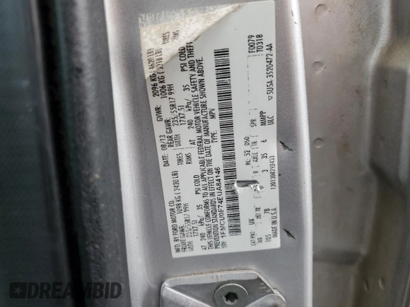 2014 Ford Escape S с VIN 1FMCU0F74EUA84146, выставлен на аукционе Copart как лот 54482035 с пробегом 249 494 миль миль и Списание • Salvage title. История ставок и продаж доступна на DreamBid. Изображение 13.