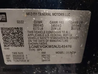 2022 Chevrolet Traverse LT Cloth with VIN 1GNEVGKW1NJ145476, listed as a IAAI auction lot 41744147 with 39,402 mi miles. Bid and sale history available at carsss.com. Image 9.