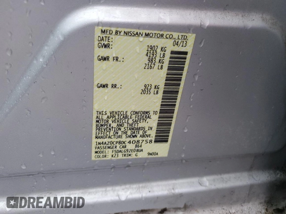 2013 Nissan LEAF S with VIN 1N4AZ0CP8DC408758, listed as a Copart auction lot 46844845 with 71,576 mi miles and Salvage Title. Bid and sale history available at carsss.com. Image 13.