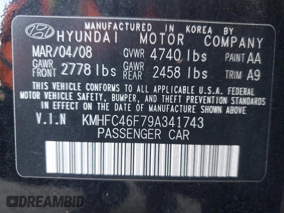 2009 Hyundai Azera Limited z VIN KMHFC46F79A341743, wystawiony jako Copart lot #83299354 z przebiegiem 98 779 mil mil oraz Szkoda całkowita • Salvage title. Historia ofert i sprzedaży dostępna na DreamBid. Obrazek 12.