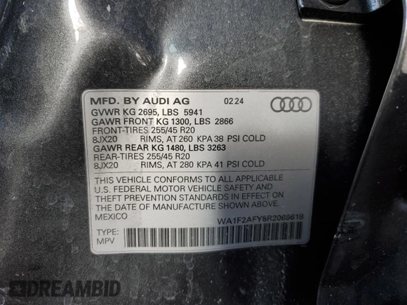 2024 Audi Q5 S line Prestige with VIN WA1F2AFY8R2069618, listed as a Copart auction lot 87875475 with 0 mi miles and Salvage Title. Bid and sale history available at carsss.com. Image 13.