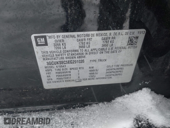 2014 Chevrolet Silverado 1500 LTZ with VIN 3GCUKSEC5EG291026, listed as a IAAI auction lot 41286574 with 124,615 mi miles and . Bid and sale history available at DreamBid. Image 9.