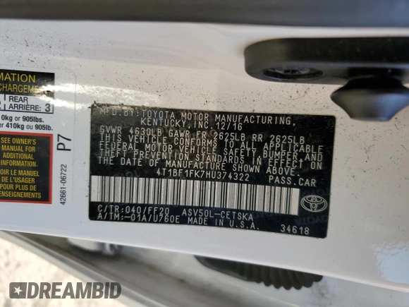 2017 Toyota Camry XLE with VIN 4T1BF1FK7HU374322, listed as a Copart auction lot 52243275 with 95,638 mi miles and Salvage Title. Bid and sale history available at carsss.com. Image 13.