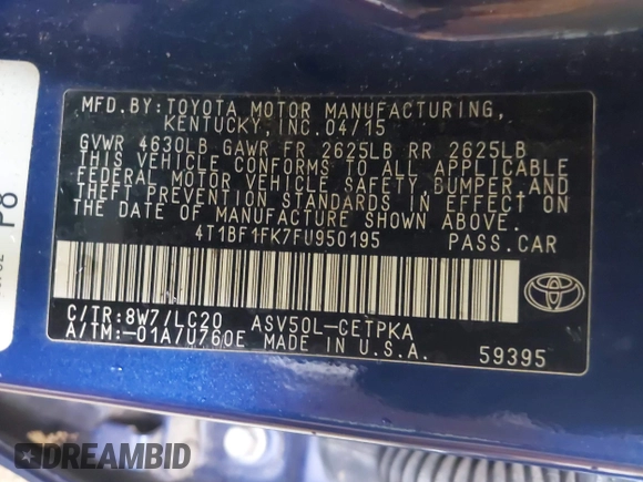 2015 Toyota Camry XLE with VIN 4T1BF1FK7FU950195, listed as a IAAI auction lot 41976565 with 113,071 mi miles and . Bid and sale history available at DreamBid. Image 9.