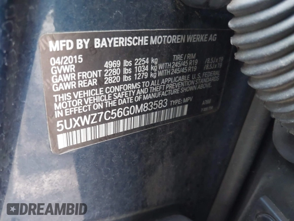 2016 BMW X3 sDrive28i with VIN 5UXWZ7C56G0M83583, listed as a IAAI auction lot 41517534 with 89,611 mi miles and . Bid and sale history available at DreamBid. Image 9.