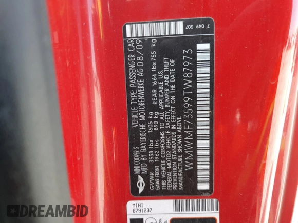 2009 MINI Hardtop S with VIN WMWMF73599TW87973, listed as a Copart auction lot 53343985 with 73,742 mi miles and Salvage Title. Bid and sale history available at DreamBid. Image 12.