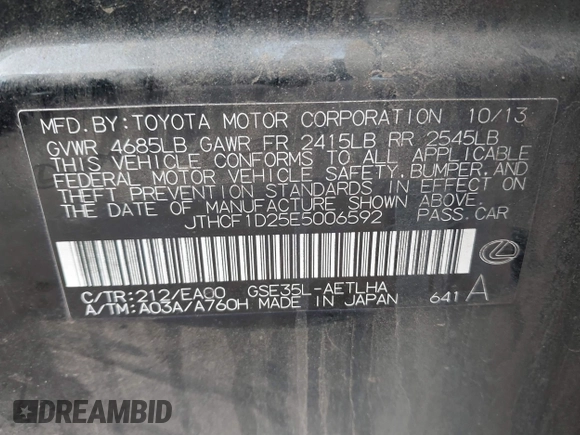 2014 Lexus IS 250 with VIN JTHCF1D25E5006592, listed as a IAAI auction lot 41496707 with 146,212 mi miles. Bid and sale history available at carsss.com. Image 9.