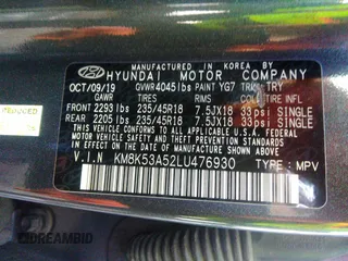 2020 Hyundai Kona Ultimate with VIN KM8K53A52LU476930, listed as a IAAI auction lot 38355576 with 39,450 mi miles. Bid and sale history available at carsss.com. Image 9.