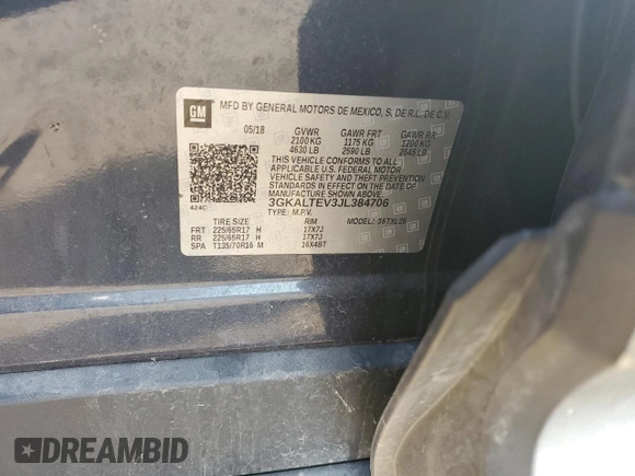 2018 GMC Terrain SLE with VIN 3GKALTEV3JL384706, listed as a Copart auction lot 53725985 with 66,857 mi miles and Salvage Title. Bid and sale history available at carsss.com. Image 12.