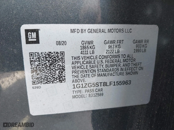2020 Chevrolet Malibu RS with VIN 1G1ZG5ST8LF155963, listed as a IAAI auction lot 41698638 with 39,914 mi miles. Bid and sale history available at carsss.com. Image 9.