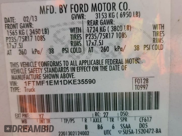 2013 Ford F-150 XL with VIN 1FTMF1EM1DKE35590, listed as a Copart auction lot 48037685 with 212,909 mi miles and Non Repairable. Bid and sale history available at carsss.com. Image 14.