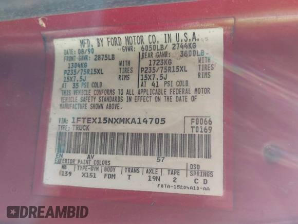 1991 Ford F-150 with VIN 1FTEX15NXMKA14705, listed as a IAAI auction lot 42236353 with 69,223 mi miles and . Bid and sale history available at DreamBid. Image 9.