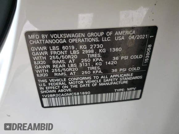2021 Volkswagen Atlas SEL with VIN 1V2BR2CA0MC581890, listed as a Copart auction lot 49646715 with 78,549 mi miles and Salvage title. Bid and sale history available at DreamBid. Image 13.