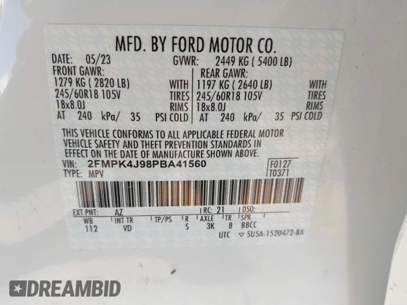 2023 Ford Edge SEL with VIN 2FMPK4J98PBA41560, listed as a IAAI auction lot 41268175 with 19,976 mi miles. Bid and sale history available at carsss.com. Image 9.