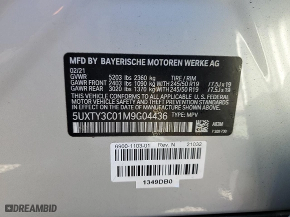 2021 BMW X3 sDrive30i with VIN 5UXTY3C01M9G04436, listed as a Copart auction lot 49241465 with 41,941 mi miles and Salvage Title. Bid and sale history available at carsss.com. Image 12.
