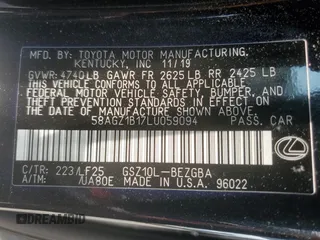 2020 Lexus ES 350 F Sport with VIN 58AGZ1B17LU059094, listed as a Copart auction lot 61408215 with 107,194 mi miles and Salvage title. Bid and sale history available at DreamBid. Image 13.