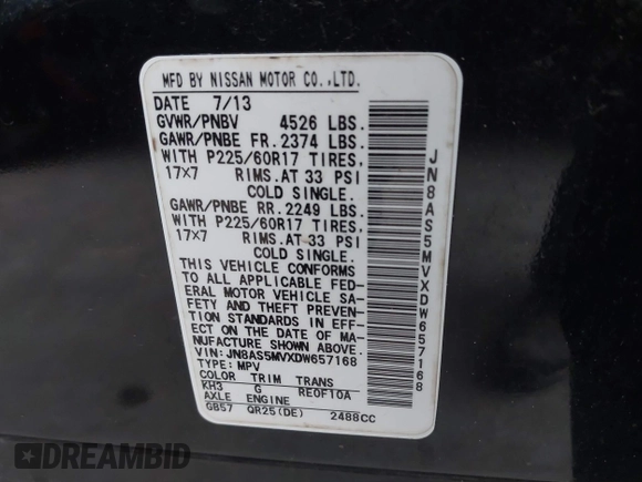 2013 Nissan Rogue S with VIN JN8AS5MVXDW657168, listed as a IAAI auction lot 41511587 with 192,576 mi miles and . Bid and sale history available at DreamBid. Image 9.