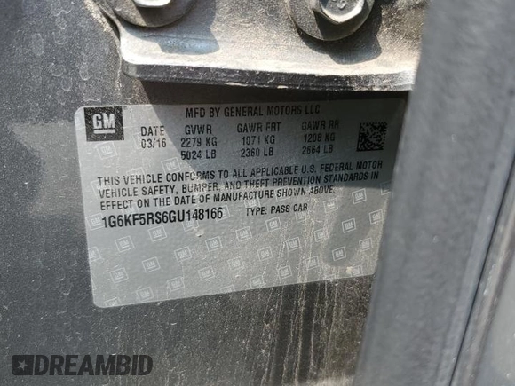 2016 Cadillac CT6 Premium Luxury AWD with VIN 1G6KF5RS6GU148166, listed as a Copart auction lot 59566185 with 112,274 mi miles and Salvage title. Bid and sale history available at DreamBid. Image 12.