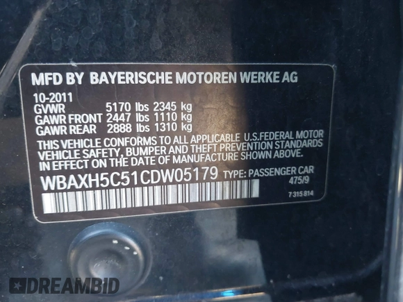 2012 BMW 5 Series 528i xDrive with VIN WBAXH5C51CDW05179, listed as a IAAI auction lot 41479229 with 160,871 mi miles. Bid and sale history available at carsss.com. Image 9.