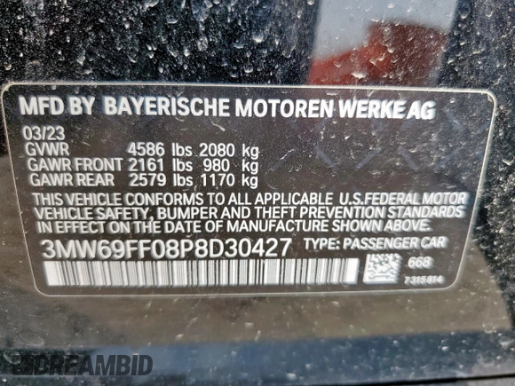 2023 BMW 3 Series 330i with VIN 3MW69FF08P8D30427, listed as a Copart auction lot 58085895 with 27,608 mi miles and Salvage title. Bid and sale history available at DreamBid. Image 12.