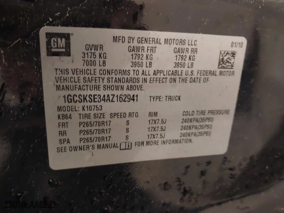 2010 Chevrolet Silverado 1500 LT with VIN 1GCSKSE34AZ162941, listed as a IAAI auction lot 40859139 with 0 mi miles. Bid and sale history available at carsss.com. Image 9.
