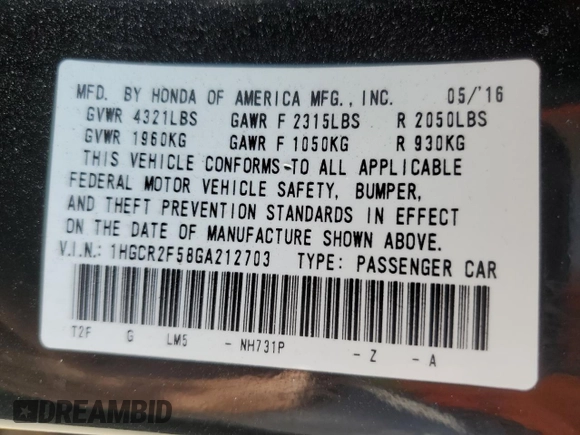2016 Honda Accord Sport with VIN 1HGCR2F58GA212703, listed as a Copart auction lot 58450825 with 234,923 mi miles and Salvage title. Bid and sale history available at DreamBid. Image 12.