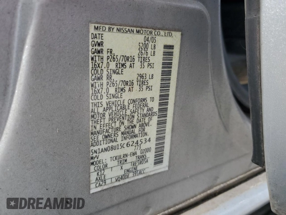2005 Nissan Xterra S with VIN 5N1AN08U15C624534, listed as a Copart auction lot 51226125 with 158,795 mi miles and Salvage Title. Bid and sale history available at DreamBid. Image 15.