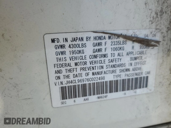 2006 Acura TSX Navi with VIN JH4CL96976C022498, listed as a Copart auction lot 69482864 with Not provided miles and Salvage title. Bid and sale history available at DreamBid. Image 15.