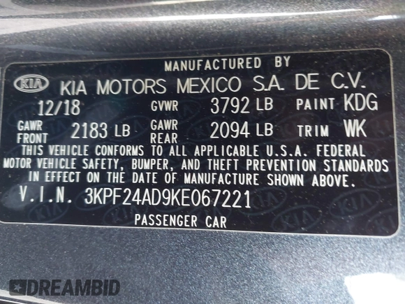 2019 Kia Forte LXS with VIN 3KPF24AD9KE067221, listed as a IAAI auction lot 41945475 with 54,457 mi miles and . Bid and sale history available at carsss.com. Image 9.